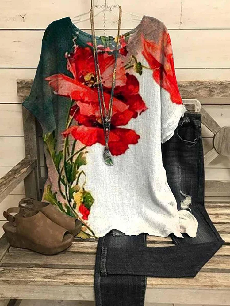 Women's Batwing Sleeve Poppy Flower Printed Casual Top