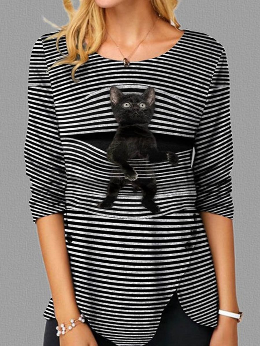 Cartoon Cat Stripe Print Irregular Casual T-shirt