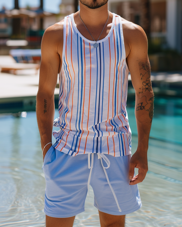 Men's Casual Resort Striped Printed Vest Set 032