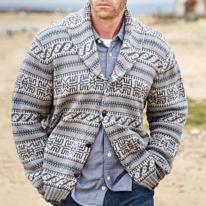 Men's Warm Thick Jacquard Lapel Long Sleeve Knit Cardigan