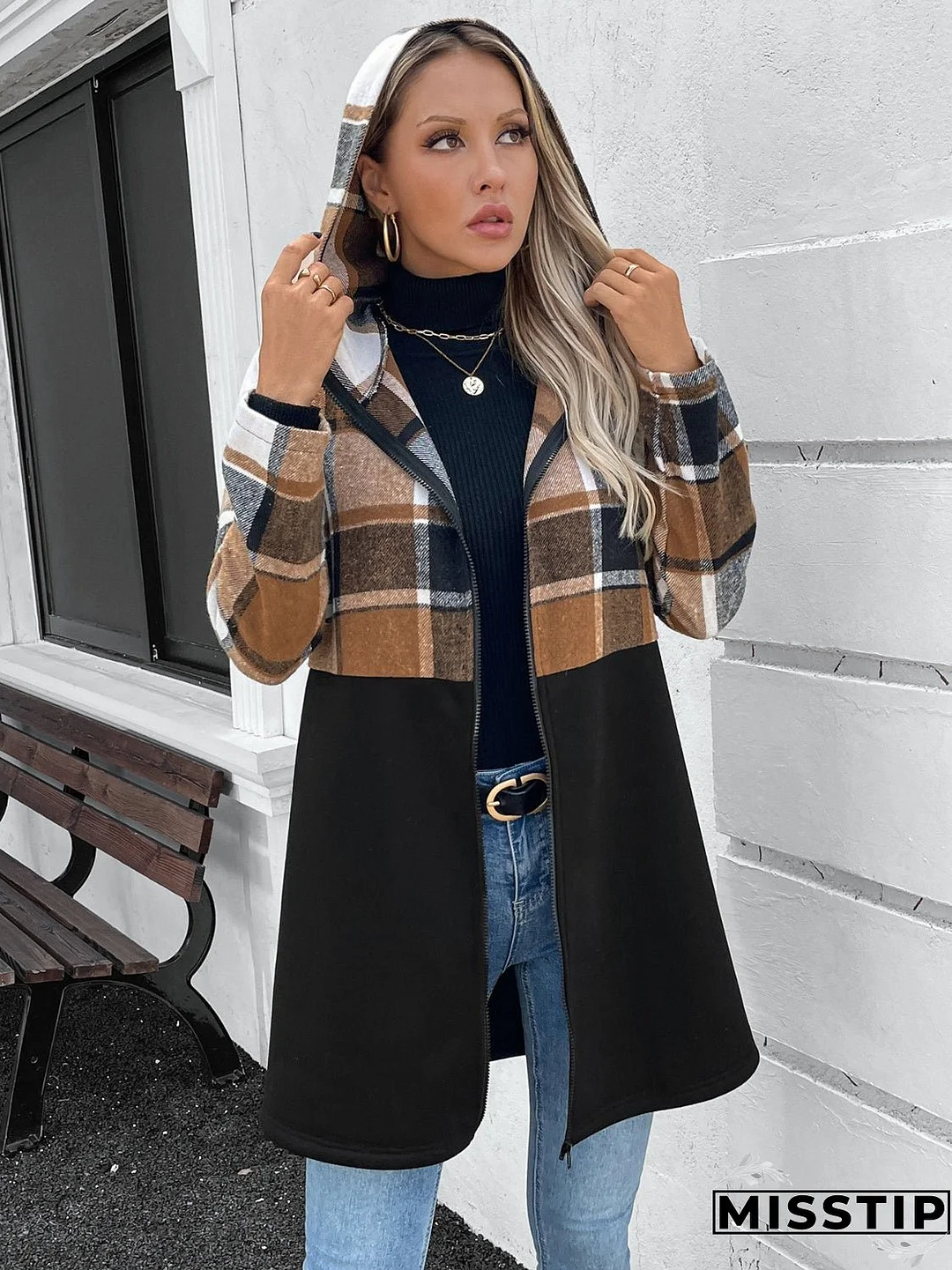 Plaid Zip Up Long Sleeve Hooded Outerwear