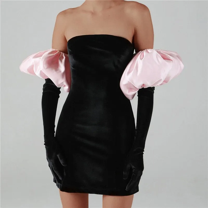 Women's Sexy Wrap Chest Bodycon Dress Solid Elegant Puff Sleeve Off Shoulder Dresses Party Evening Mini Slim Gown Spring Autumn