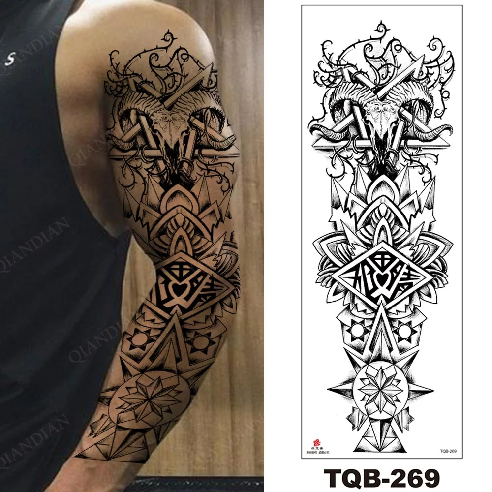 Sdrawing Arm Temporary Tattoo Wolf Lion Fish Horns Geometric Man Body Leg Rose Flower Phoenix Waterproof Sticker Cool Women Tatoo