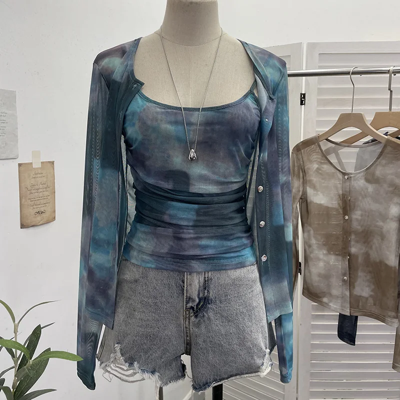 Nigikala Nigikala Babes Tie-Dye Net Yarn Sunscreen Cardigan Two Sets Of Sling Vest + Long-Sleeved Shirt Top 8056