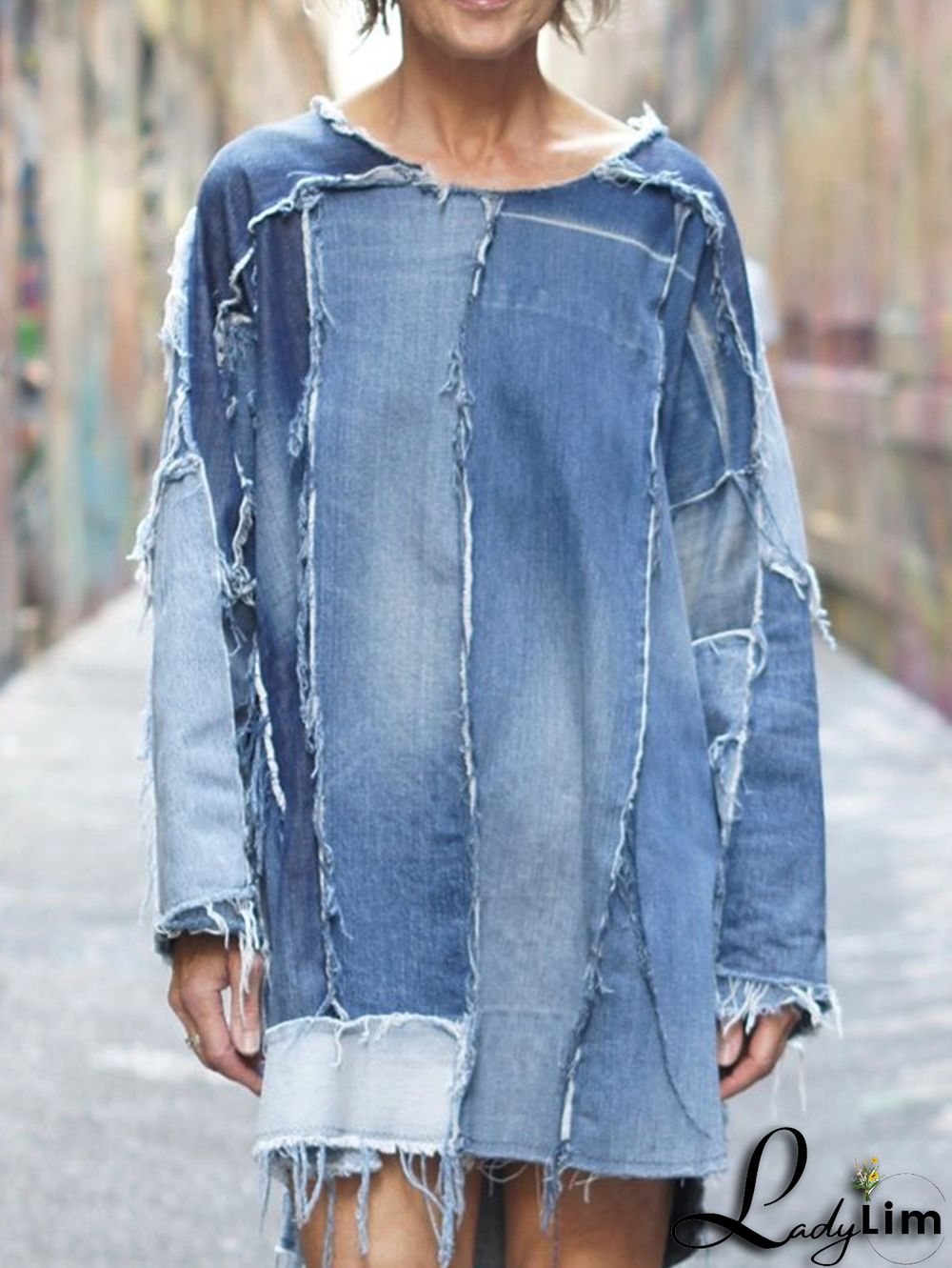 Casual Raw Trim Patchwork Crew Neck Long Sleeve Mini Dress