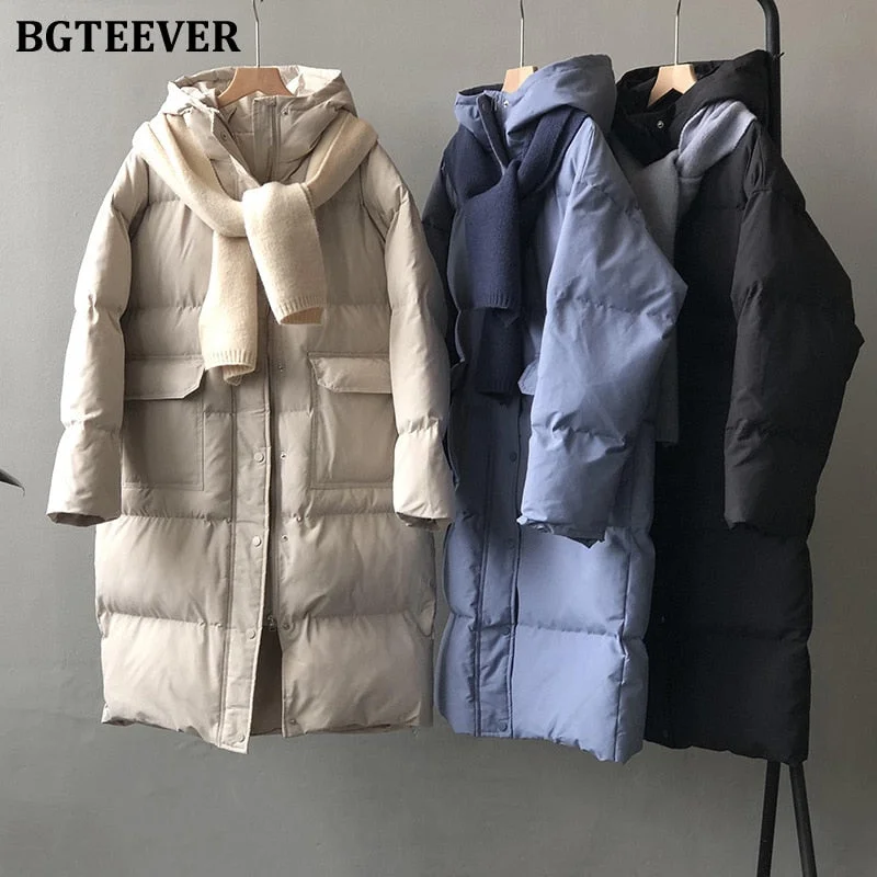 BGTEEVER Thicken Warm Loose Hooded Women Parkas Long Sleeve Cotton Padded Women Down Coats Winter Ladies Down Jackets