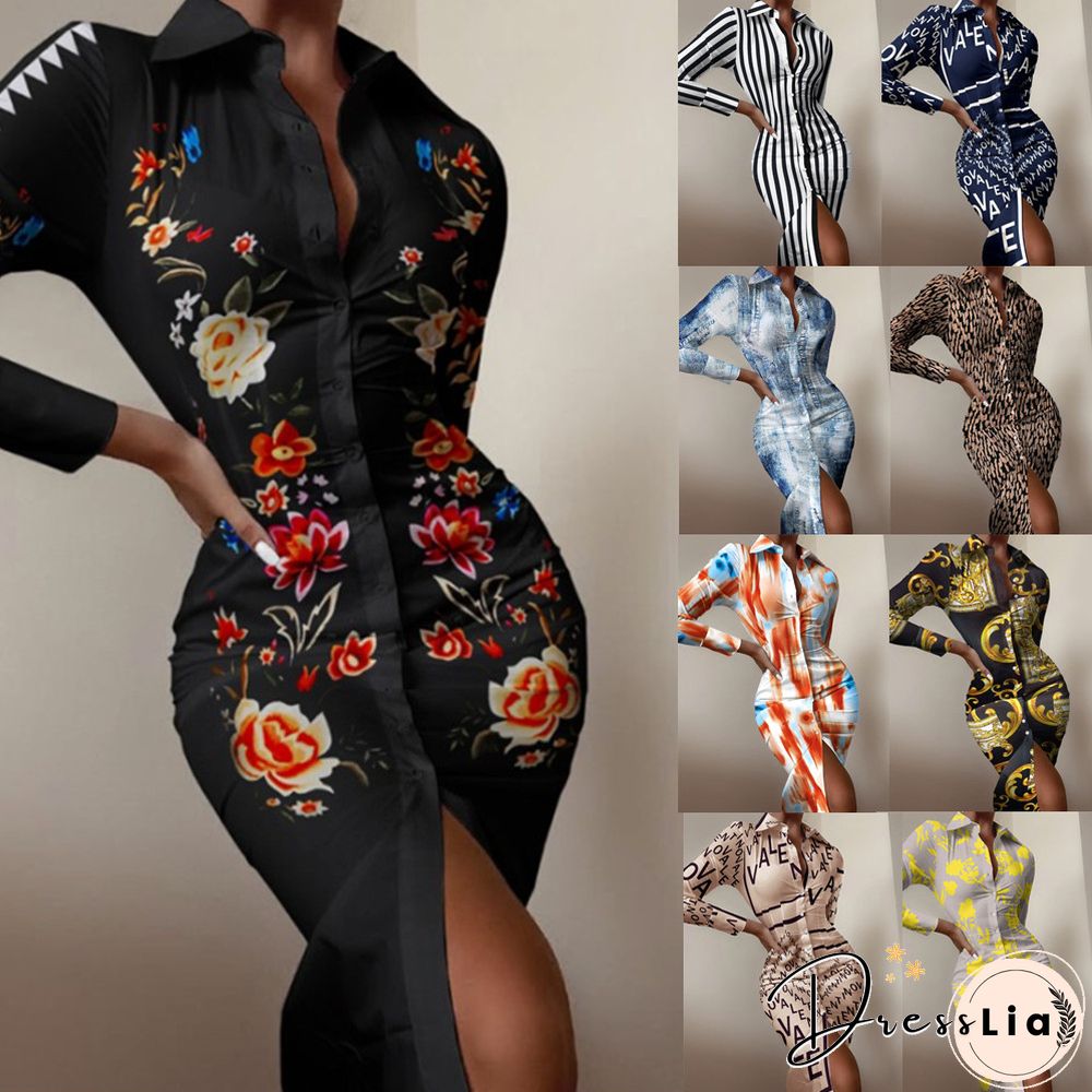 Sexy floral print dress women autumn long sleeve v-neck high waist bandage button slim