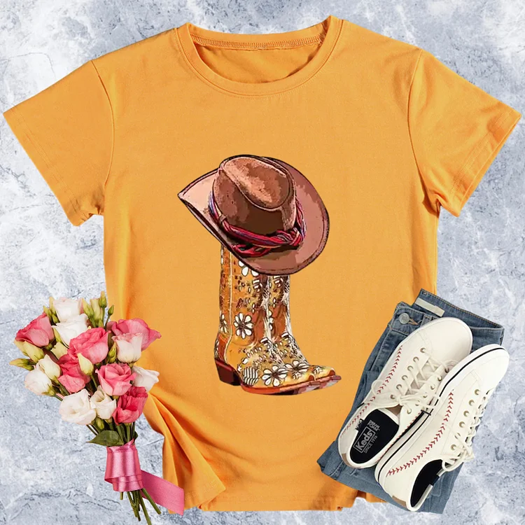 Western Cowboy Boots Round Neck T-shirt