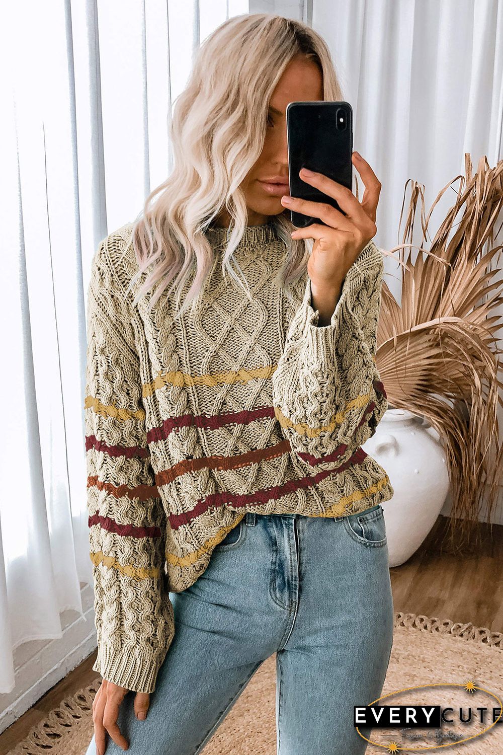 Khaki Striped Color Block Textured Knit Pullover Sweater