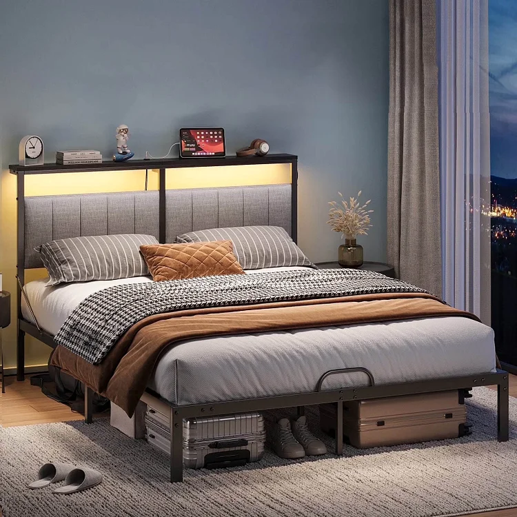Bestier Modern Platform Bed Frame with Upholstered Headboard, Mattress Slide Stopper, LED Lights, USB Charging Station