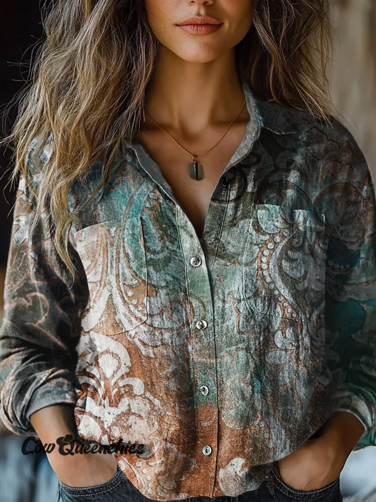 Women’s Retro Gradient Floral Texture Print Casual Long Sleeve Comfortable Cotton Shirt
