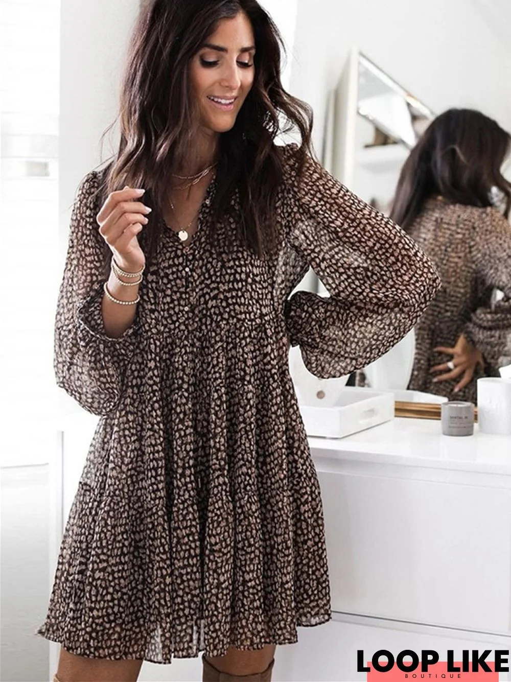 Loose Lantern Sleeve V-Neck Large Hem Skirt Long Sleeve Dress