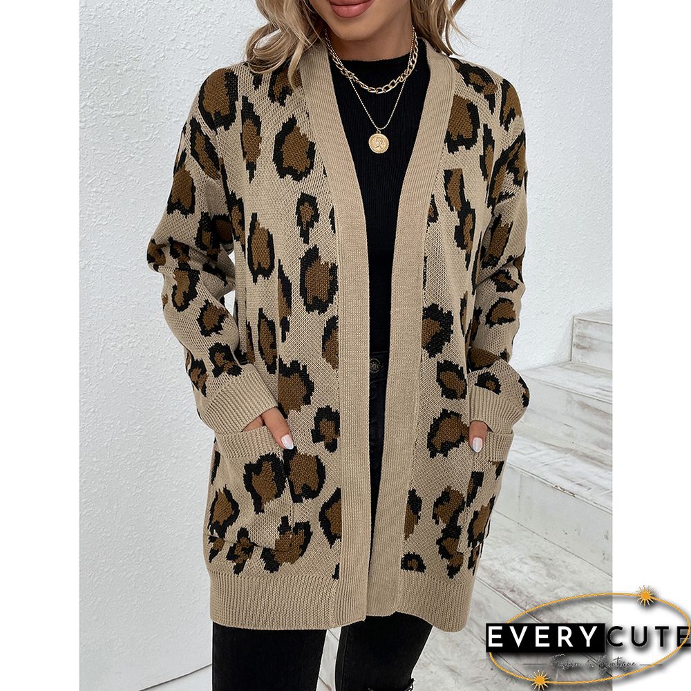 Khaki Contrast Leopard Print Pocket Open Front Cardigan