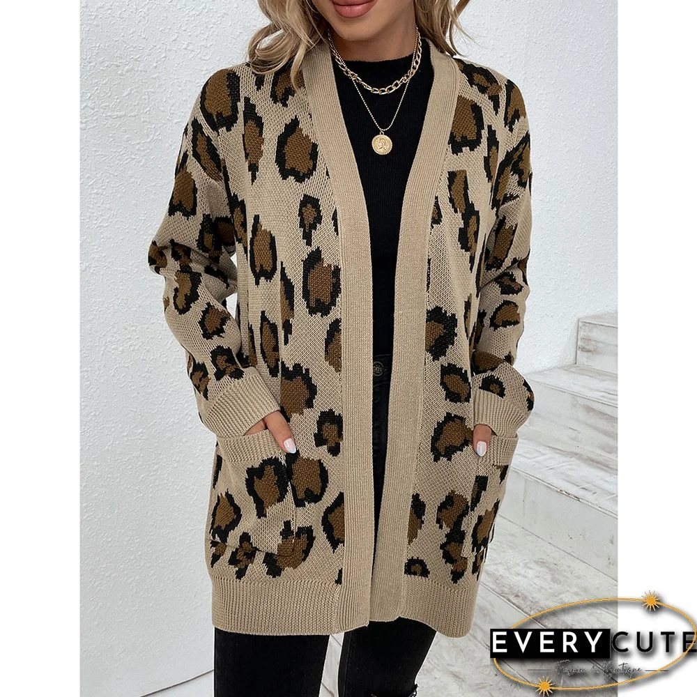Khaki Contrast Leopard Print Pocket Open Front Cardigan