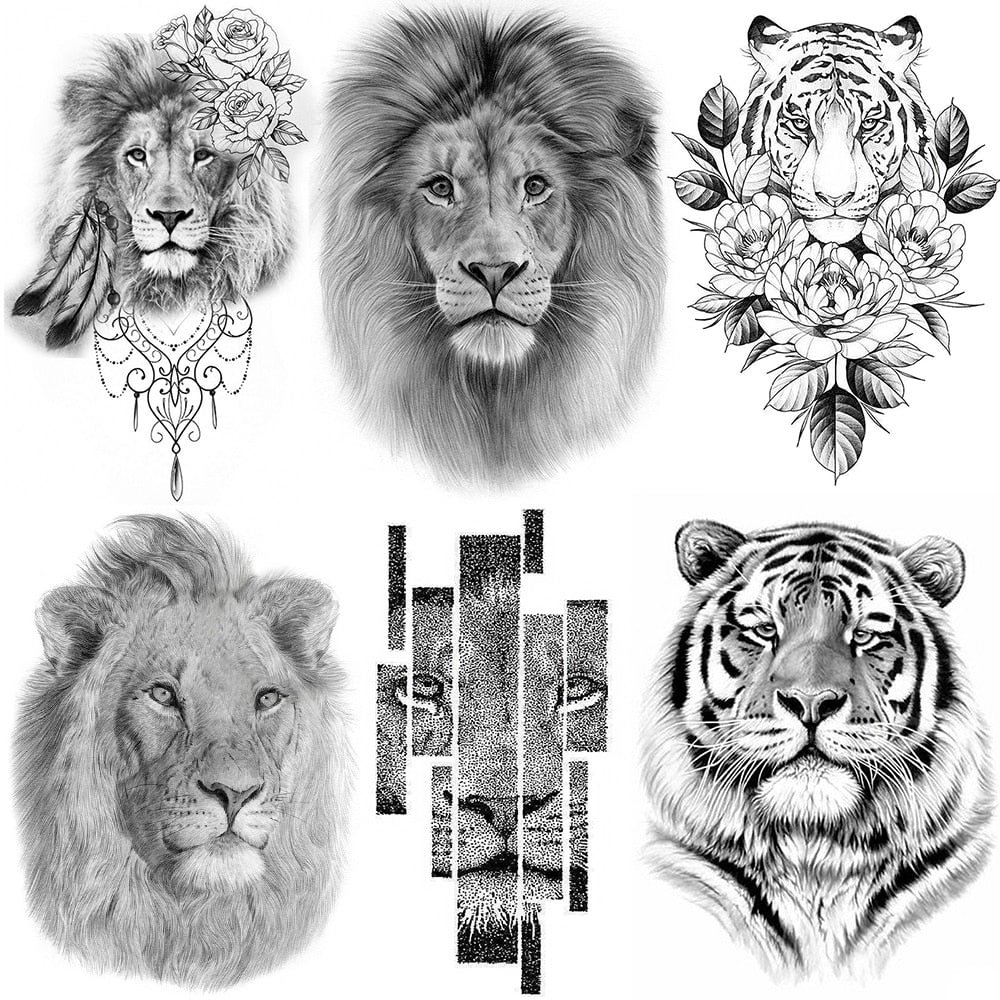 Mighty Lion King Of Beasts Tattoos Temporary Men Women Body Art Fake Tatoo Realistic Tribal Tiger Tattoo Sticker Arm Leg Makeup