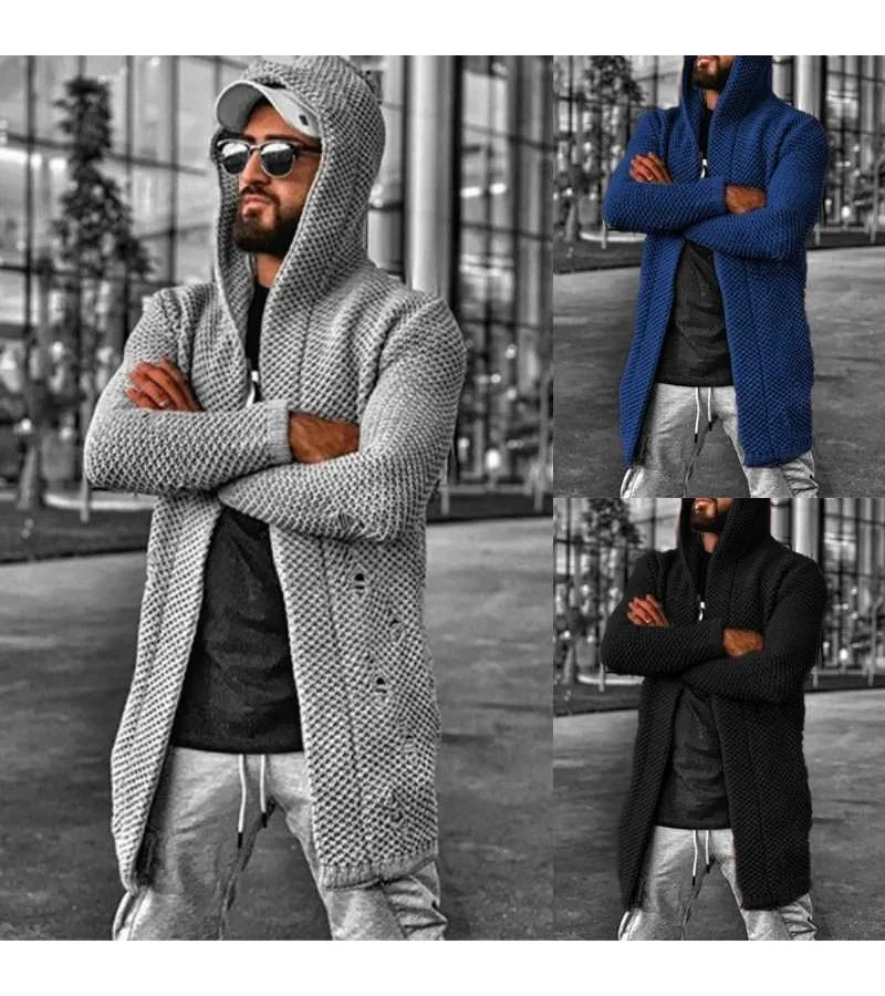 Men Fashion Solid Color Hooded Cardigan Knitwear S-5XL