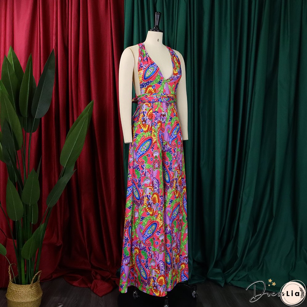 Plus Size Women African Print Halter Neck Beach Jumpsuit