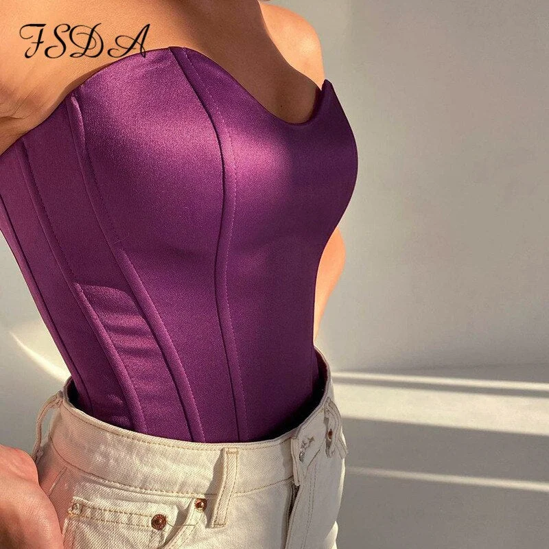 2022 Sexy Satin Crop Top Women Strapless Sleeveless Corset Black Party Summer Off Shoulder Bustier Tank Tops