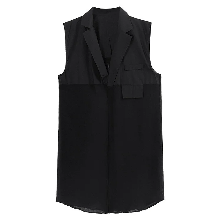 Casual Loose Lapel Thin Perspective Patchwork Single Breasted Pockets Vest