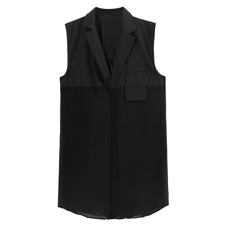 Casual Loose Lapel Thin Perspective Patchwork Single Breasted Pockets Vest      