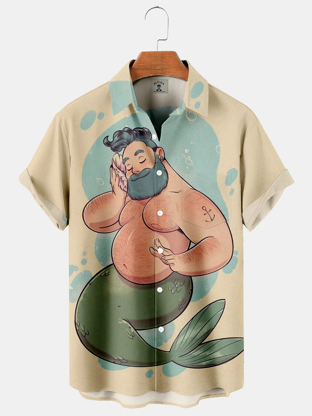 Funny spoof male mermaid print pocket short-sleeved shirt