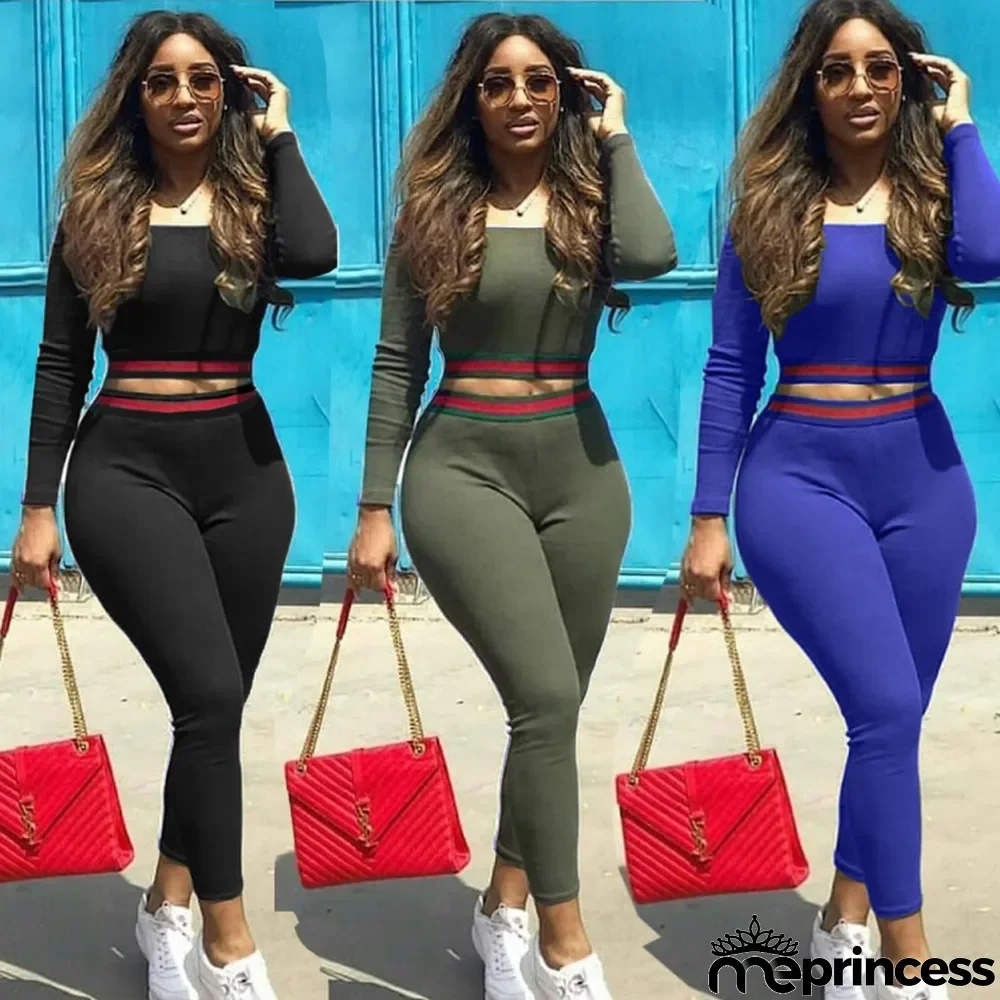 Autumn Blue Off Shoulder Long Sleeve Crop Top and Slim Pants Set