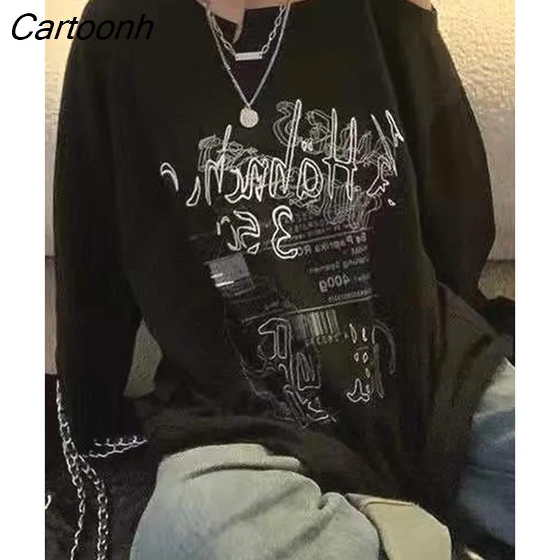 Cartoonh Korean Fashion Design Letter Print T-shirts Women Harajuku Off Shoulder Tees Black Long Sleeve Tops 2022 Summer Kpop Y2k