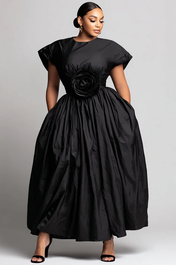 Xpluswear Design Plus Size Semi Formal Black Round Neck Short Sleeve 3D Casual Pocket Maxi Dresses 2024 - Xpluswear