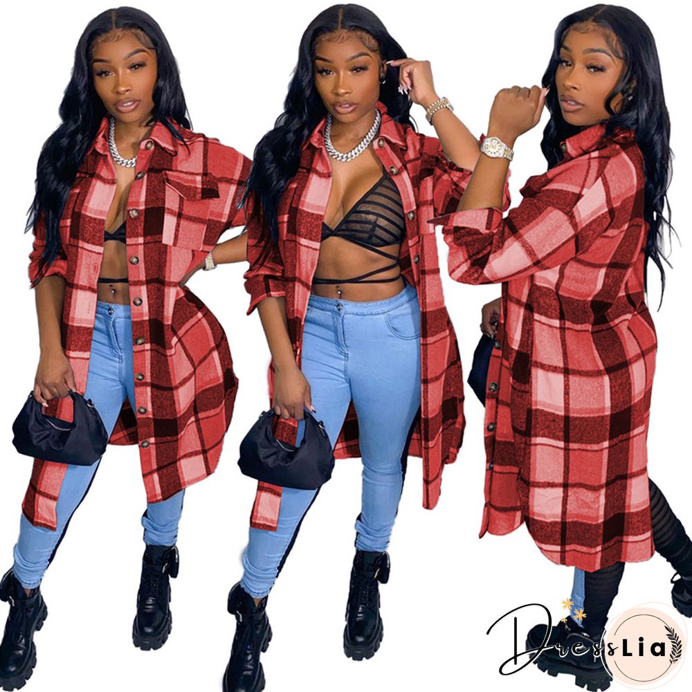 Classic Plaid Shirt Woolen Long Coat