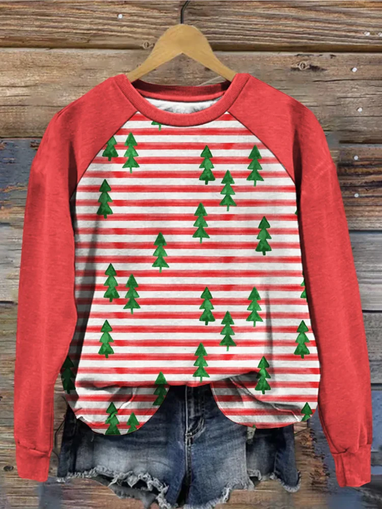 🔥kukelife🔥Watercolor Christmas Trees on Stripes Comfy Sweatshirt