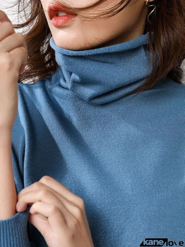 Simple Loose Long Sleeves Solid Color High-Neck Sweater Tops