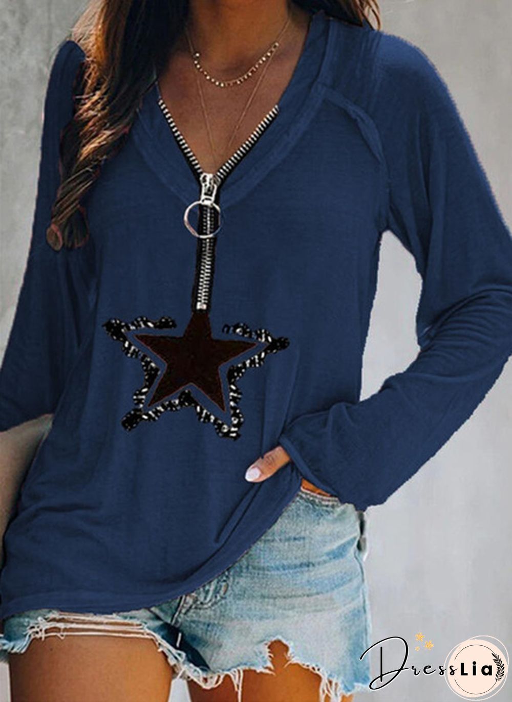 Womens Fashion Clothes Casual Spring Summer Long Sleeved T-shirts Zipper Tops Ladies Autumn Winter Deep V-neck Blouse Plus Size Loose Cotton Shirts