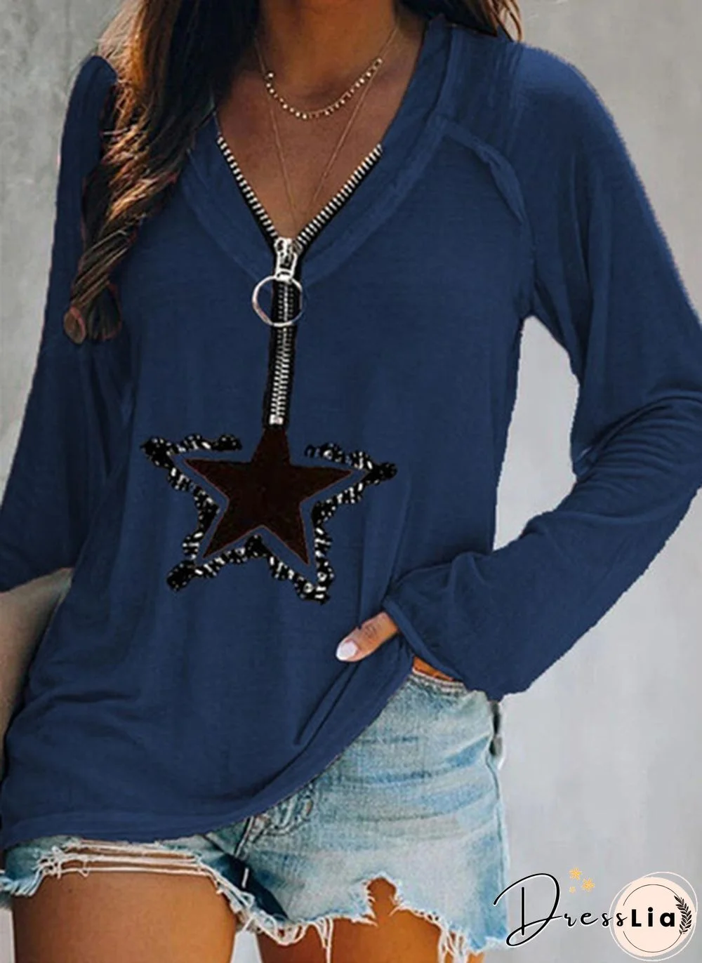 Womens Fashion Clothes Casual Spring Summer Long Sleeved T-shirts Zipper Tops Ladies Autumn Winter Deep V-neck Blouse Plus Size Loose Cotton Shirts