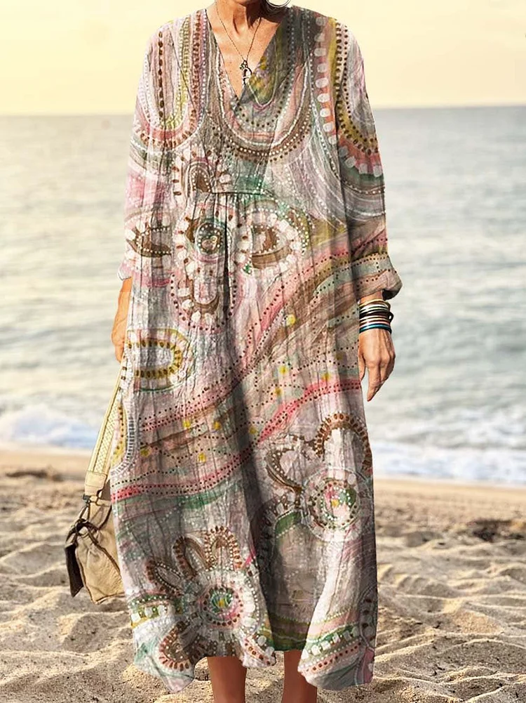 Women's Vintage Floral Art Print V Neck Long Sleeve Dress