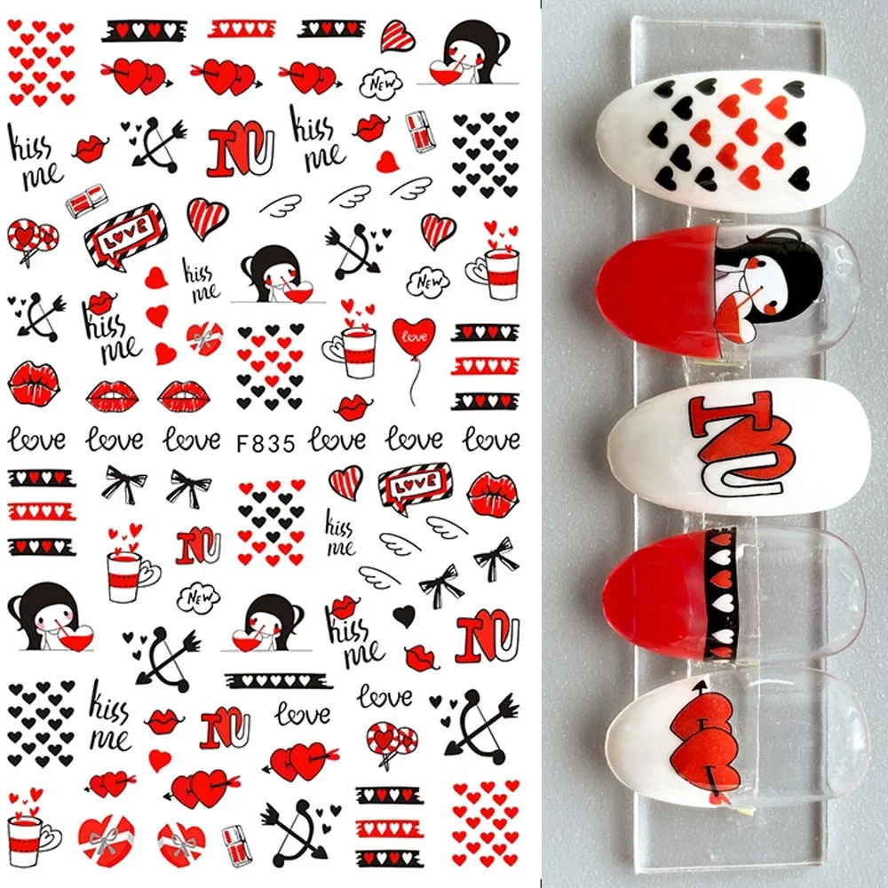 1PC 3D Nail Stickers Red Heart Love Self-Adhesive Slider Nail Art Decorations Valentine's Day Decals Manicure Accessories Tool-Nail Inspo