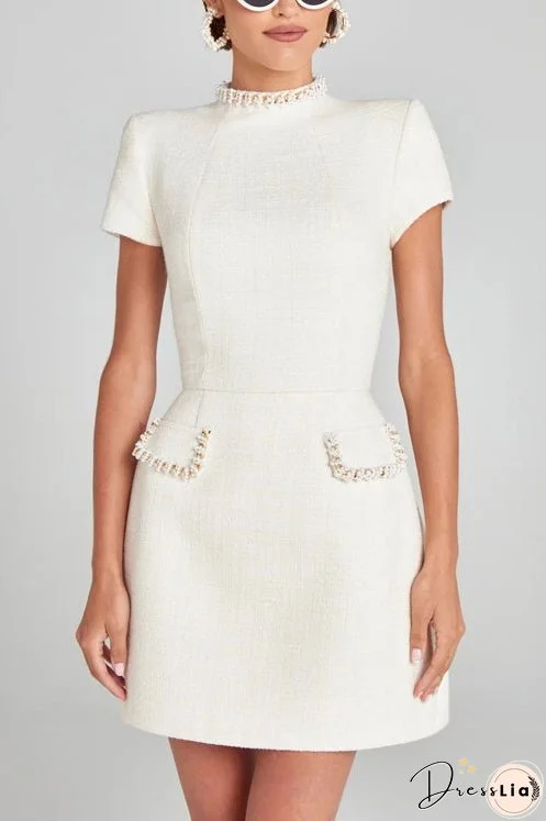 Meridress Mockneck Pearl Trim Waisted Tweed Mini Dress