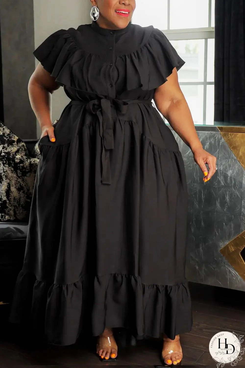 Black Plus Size Casual Solid Flounce Mandarin Collar Shirt Dress