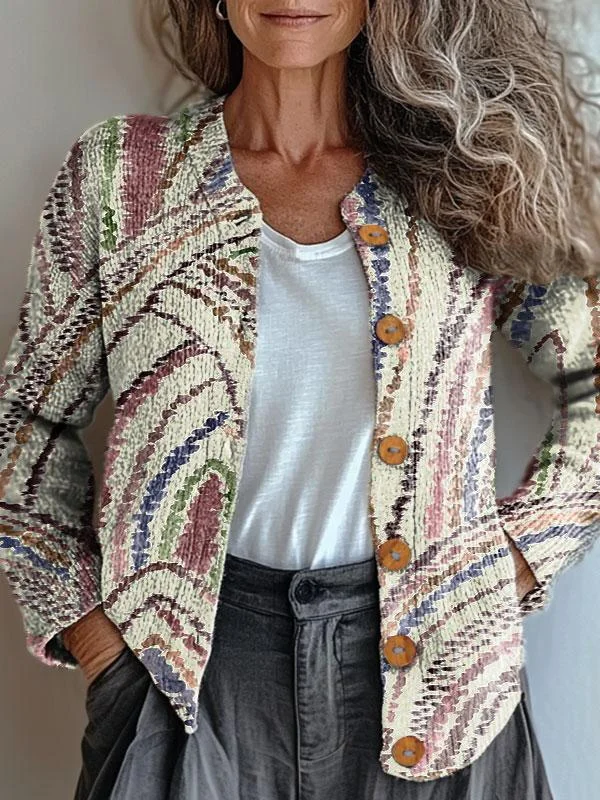 Vintage Texture Art Print Buttoned Cardigan Sweater
