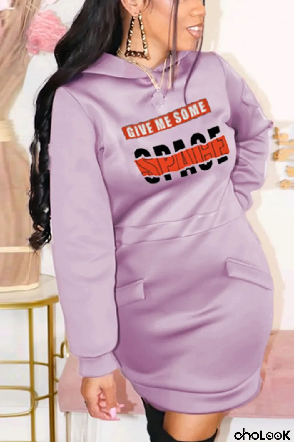 purple Fashion Print Pocket Hooded Collar Dresses