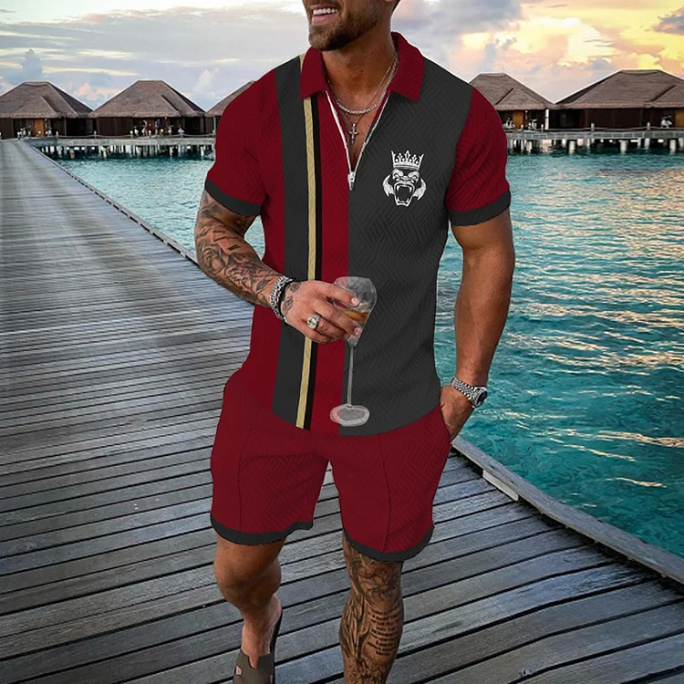 Red Contrast Polo Shirt And Shorts Two-Piece Set