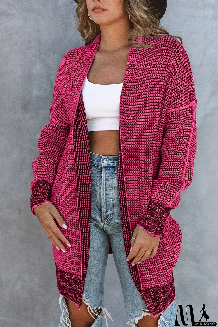 Plaid Knitted Long Open Front Rose Cardigan