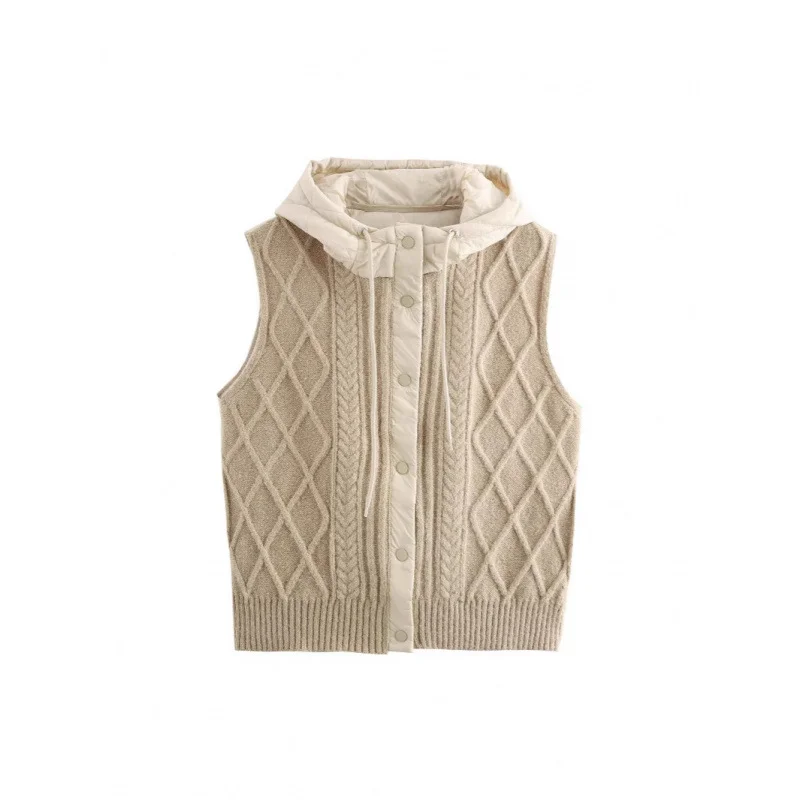 Nigikala Nigikala Women's 2025 Winter Fashion Vintage Vintage Vintage Cotton Stitched Knitted Hooded Vest Vest