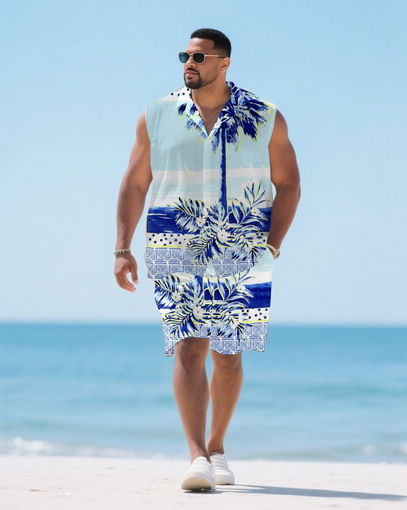 Hawaiian Men's Plus Size-Vacation Refreshing Pattern Printed Vacation Shirt Shorts Suit