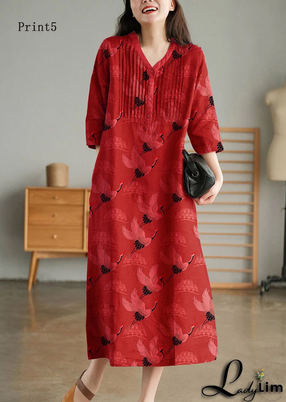 Grey Print6 Loose Linen Long Dresses Button Solid Half Sleeve