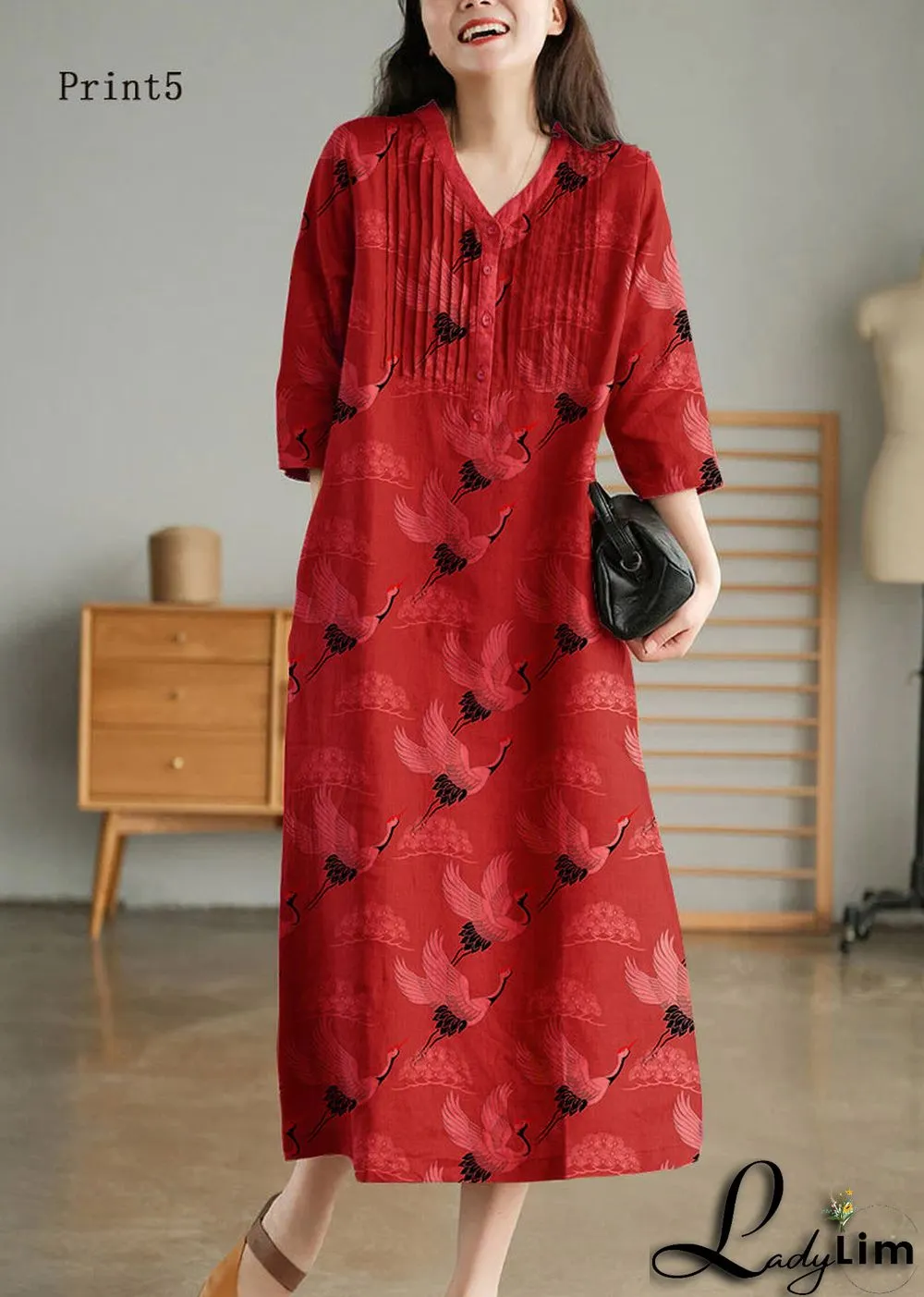 Grey Print6 Loose Linen Long Dresses Button Solid Half Sleeve