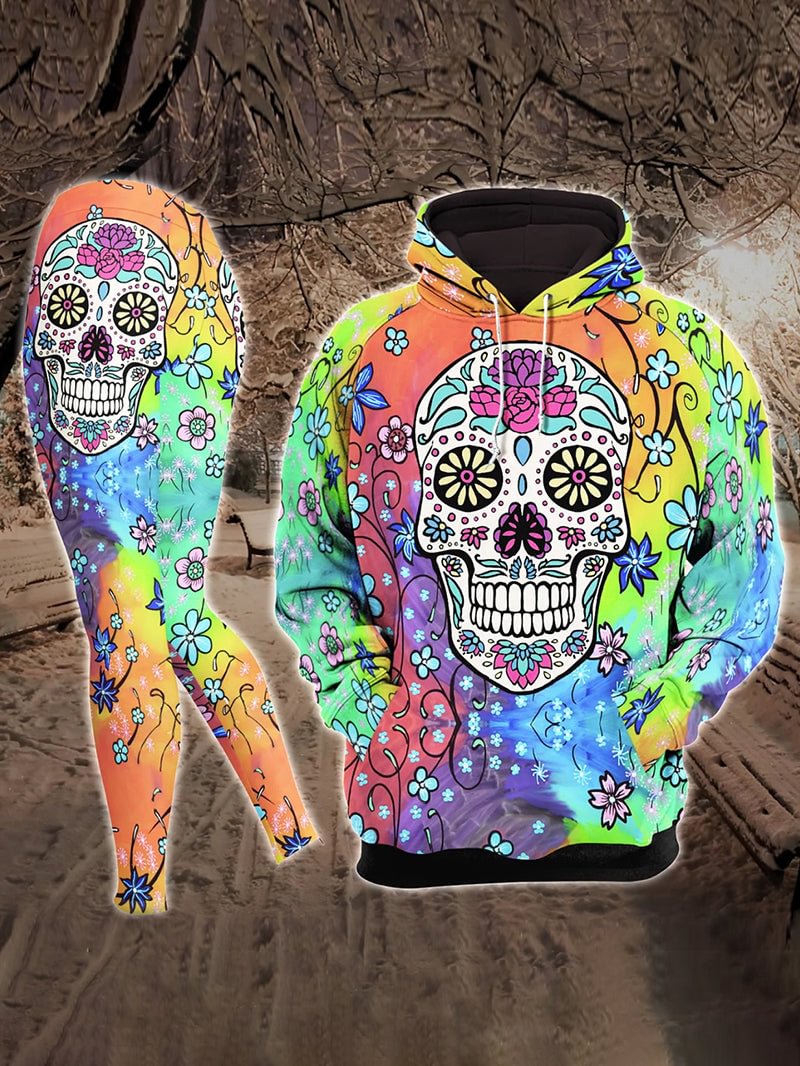Colorful Skull Print Casual Hoodie Pants Set
