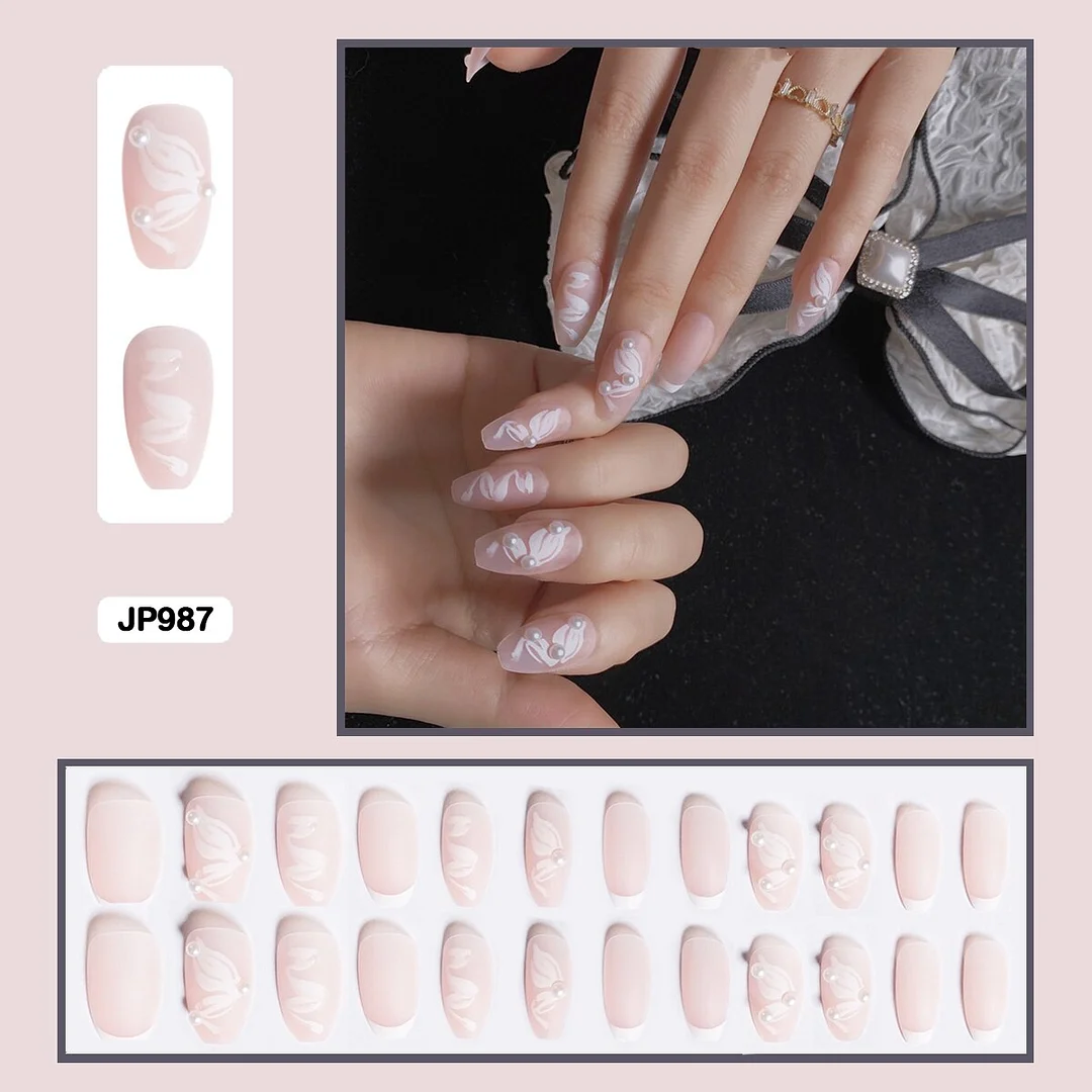 Fairy nail art Pearl decoration Wearable False Nails with glue 24pcs per box with wear tools-Nail Inspo