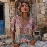 Women's Floral Embroidered Art Gradient V-neck Short Sleeve Linen Blend T-shirt - Image 2