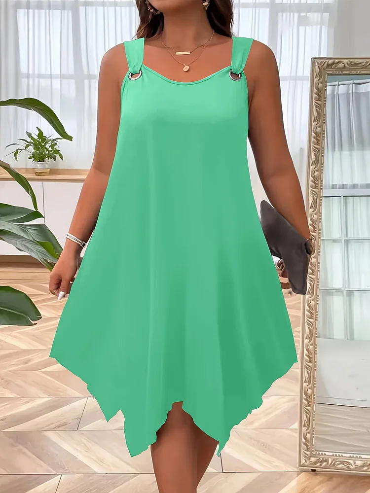 Plus Size Women's Elegant A-Line Sleeveless Dress - Wide Spaghetti Straps, Vibrant Coral Pink, Breathable Mid-Stretch Fabric, Machine Washable, Spring/Summer Casual & Semi-Formal Wear, Round Neckline, Nontransparent Material