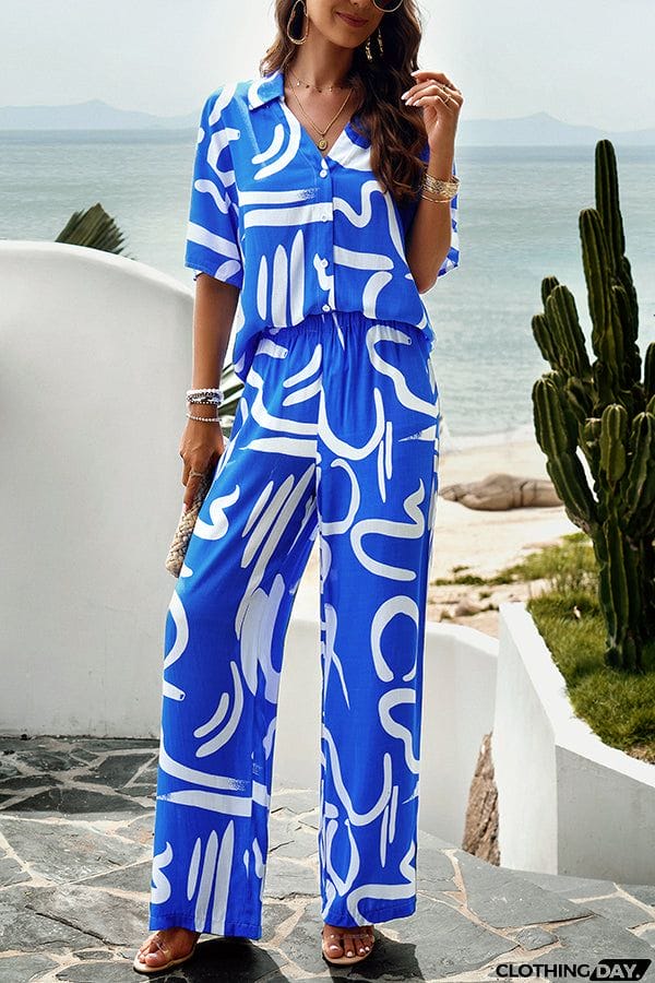 Fun Printed Button Pocket Long Sleeve Shirt and Elastic Waist Pants Set